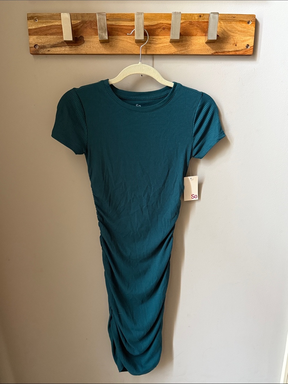SO - Teal Ribbed Ruched Bodycon Midi Dress